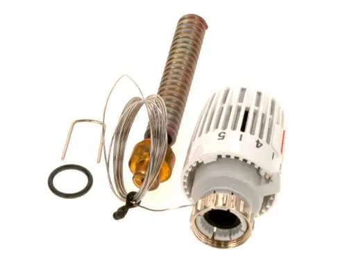 Bosch Thermostatkopf-Zubehör, bestehend aus einem Heizkörperthermostat, einer Feder, einem O-Ring und Draht, auf einem weißen Hintergrund.
